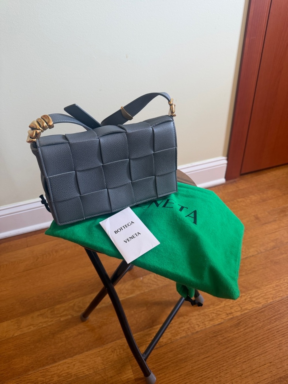 Bottega Veneta Gray Intrecciato Shoulder Bag with Gold Hardware